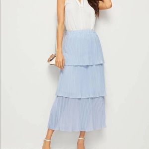 Blue Pleated Ruffle Midi Skirt